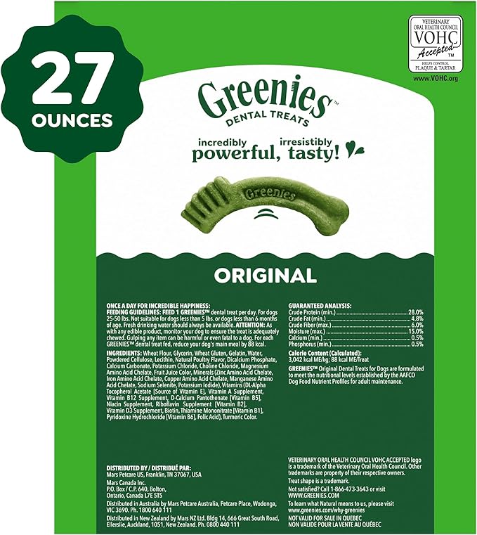 Greenies Veterinarian-Recommended Adult Natural Dental Dog Treats Regular Size, Dog Dental Chews, Original Flavor, 27 oz. Pack, 27 Count