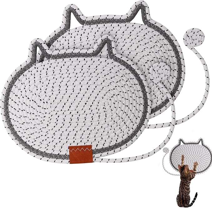 2 PC Cat Scratcher Mat - Natural Cotton Rope Oval Horizontal Scratch Pad (11''x13.7'') with Dangling Ball Toy, Cat Ear Design, Furniture Protector for Floor/Wall, Durable Handmade (White, 2 PC)