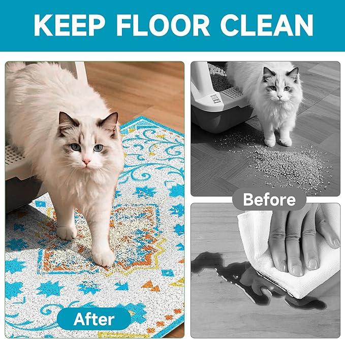 Cat Litter Mat, 24" x 16" Litter Box mat, Traps 100% Litter, Non-Slip Kitty Litter Trapping mats, Small Cute Litter mat, Easy Clean for Scatter Control, Bohe cat Food mat, Urine Waterproof