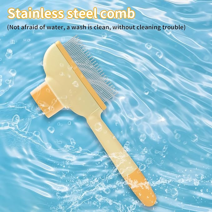Flea Comb for Cat Dog Comb Pet Hair Removal Tool Pet Comb Cat Brush with Release Button Self-Cleaning with Long & Short Stainless Steel Metal Teeth for Shedding 2 Pcs(Yellow & Green)