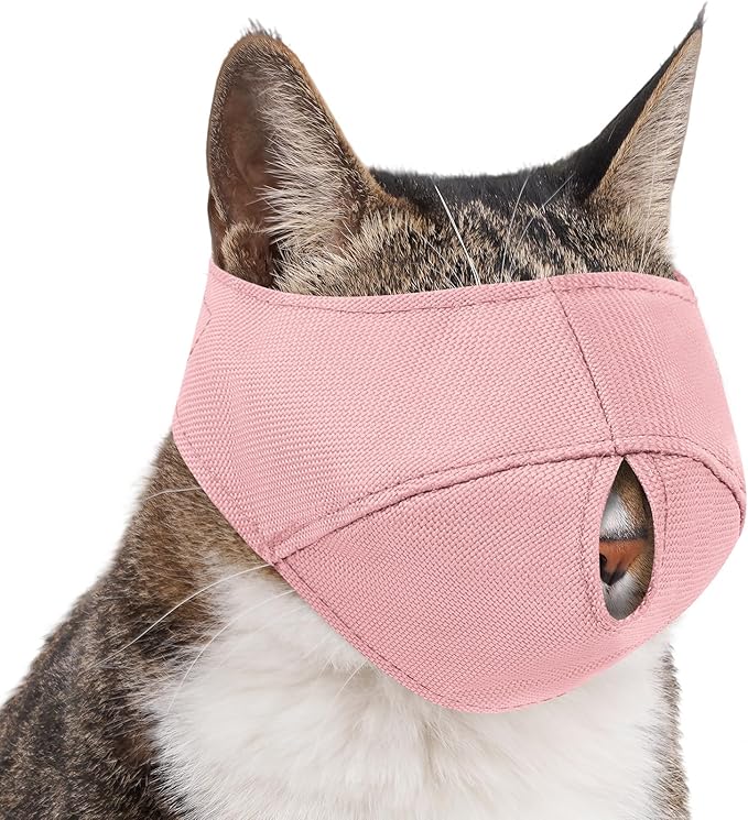 BARKLESS Cat Calming Muzzle for Grooming & Nail Trimming, Oxford Muzzle with Shading Design to Help Calm The Cat Down, Soft Head Cover to Prevent Biting & Scratching (Pink, M)