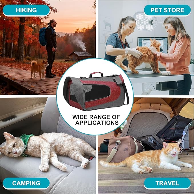 Cat Carrier, Ventilation Mesh, Travel Pet Carrier Breathable Small Dog Carrying Case Up to 16.5 lbs (Red), Intended for Hiking/Camping/Traveling, 14"x9"x9"