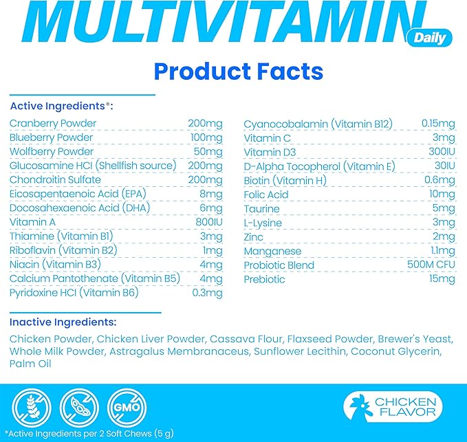 All-in-One Dog Multivitamin with Superfood Berries, Probiotics, Glucosamine, Omega 3 - Support Hip Joint, Skin Coat, Allergy Relief, Digestion, Immune Health - Vitamins Supplement - 120 Chews
