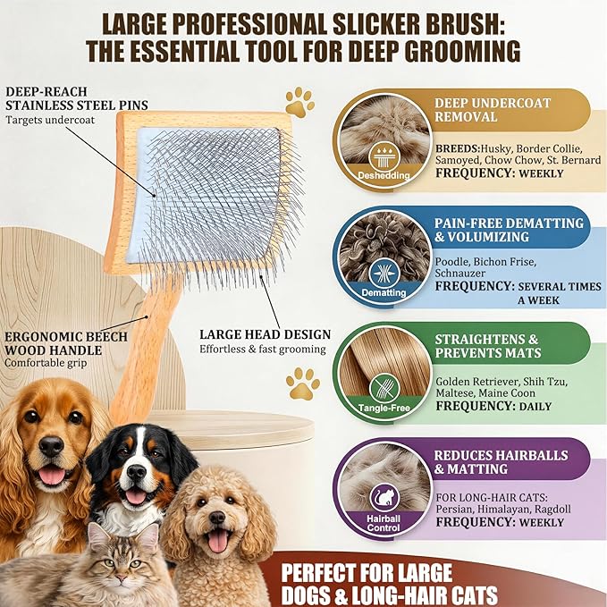 Slicker Brush for Dogs, Large Long Pin Dog Grooming Brush for Doodles Goldendoodles Poodles Labradoodle Bernedoodles, 3 Pcs Wooden Handle for Mats Tangles - Wood
