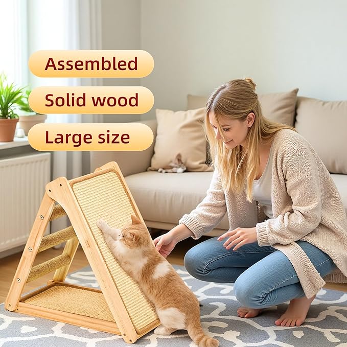 Large Sisal Cat Scratcher - Pre-Assembled Cat Scratching Post for Indoor Cats Adults & Kittens, Solid Wood Scratch Pad with Space-Saving Design