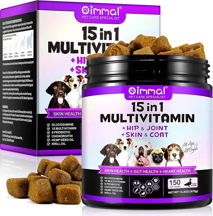 Dog Vitamins and Supplements, 15-in-1 Dog Multivitamin Chews with Glucosamine and Probiotics, Natural Daily Vitamins Treats for Dogs, Pet Health Support-Skin-Immunity-Gut Digestion-Joint-Heart,150pcs