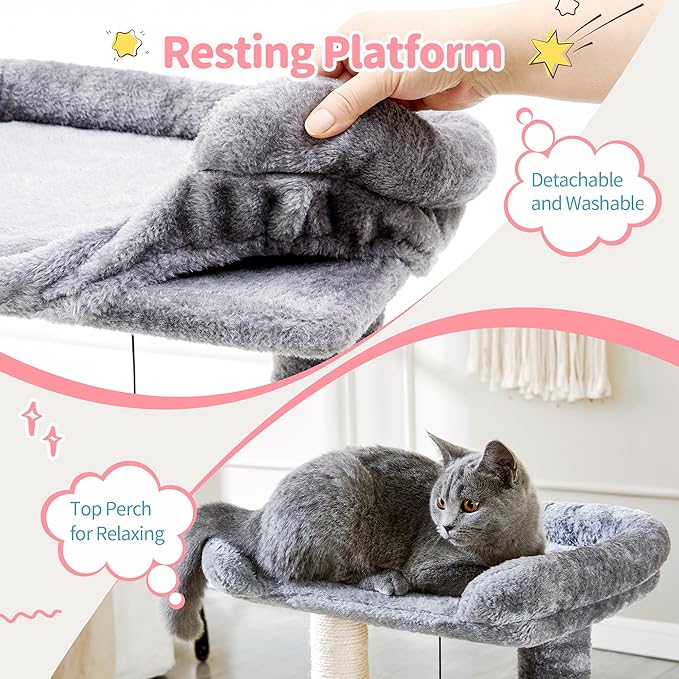 Made4Pets Small Cat Tree Tower, Cat Scratching Post 4-in-1 with Self Groomer Brush, 20" Tall Natural Sisal Cat Scratcher, Plush Perch Bed with Dangling Ball for Indoor Kittens, Grey