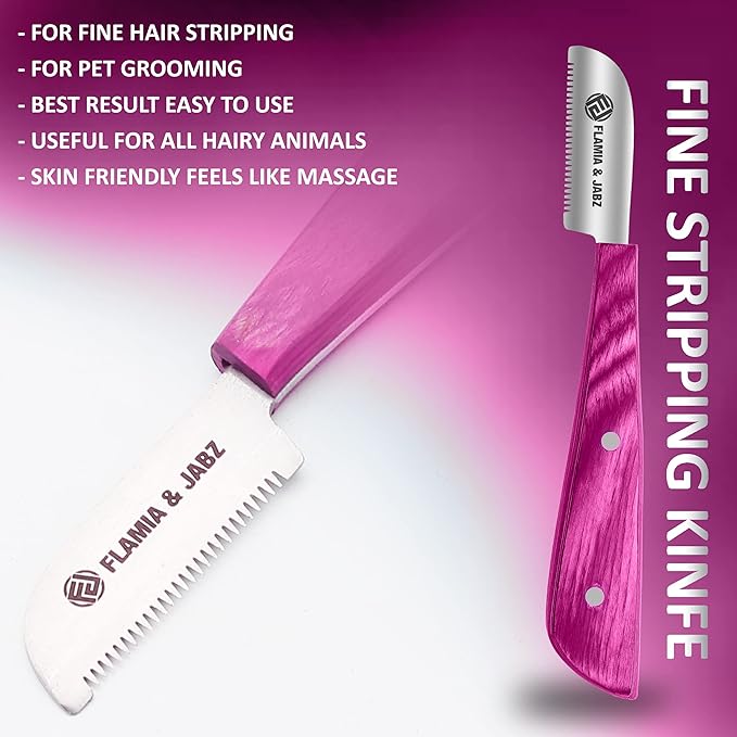 FLAMIA & JABZ FJ Professional Stripping Knife kit (6 pieces set) for Dogs & Pets, Wooden Handle Grip with Stainless Steel Blade (Right handed) (Pink)