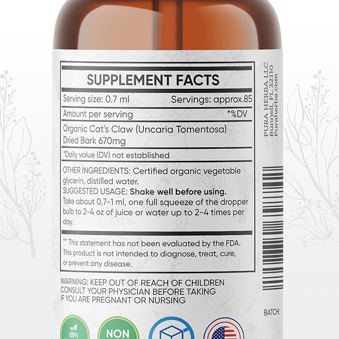 Cat’s Claw Liquid Extract | Alcohol-Free, Vegan, Non-GMO, Gluten-Free | 2 oz Liquid Herbal Organic Tincture