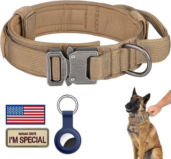 DAGANXI Tactical Dog Collar, Adjustable Military Training Nylon Dog Collar with Control Handle and Heavy Metal Buckle for Medium and Large Dogs, with Patches and Airtags Case (XXL, Brown)
