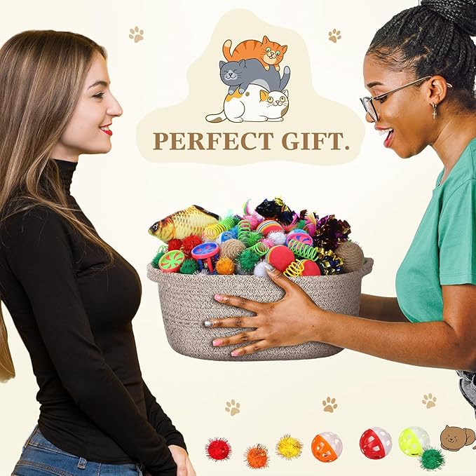 Zopeal 58 Pcs Valentine's Day Cat Storage Basket Gift Toys Set, Colorful Flashing Balls Pet Bell Crinkle Balls Spring Toys Attract Cat to Swat, Hunt, Interactive for Pet(Dark Brown,12 Inch)