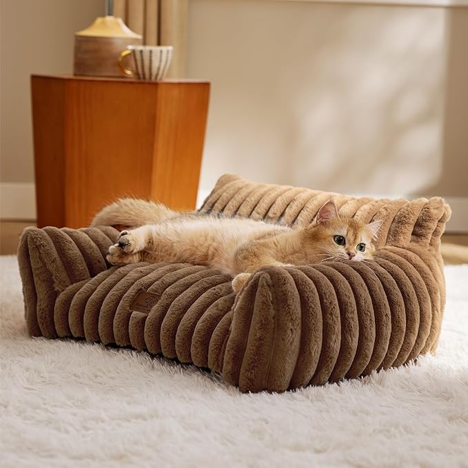 Bedsure ComfyFleece Cute Cat Couch for Pets - Fluffy Cat Sofa with Premium Soft Corduroy Fleece, Fuzzy Pet Couch Bed with Washable Cover, Supportive Pet Chair for Indoor Cats, 24inch, Camel Brown
