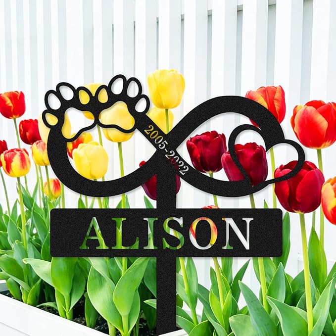 Custom Dog Cat Name Memorial Grave Marker, Personalized Pet Memorial Stake Metal Engraved Sign, Customized Cat Dog Memorial Grave Markers with Paws Heart Pet Memorial Plaque Burial Stake