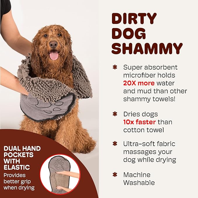 Dog Gone Smart The Dirty Dog Shammy - 2-Pack, Antimicrobial Microfiber Dog Towel for Odor Control, Fast-Drying Plush, Dual Hand Pockets & Super Absorbent, Machine Washable - 31×13 in, Grey