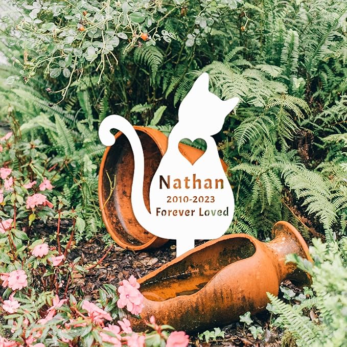 Custom Pet Cat Memorial Grave Marker Metal Garden Stake, Personalized Cat Memorial Stake Sympathy Cat Grave Marker with Heart, Customized Cat Engraved Sign Burial Stake Cat Loss Gift