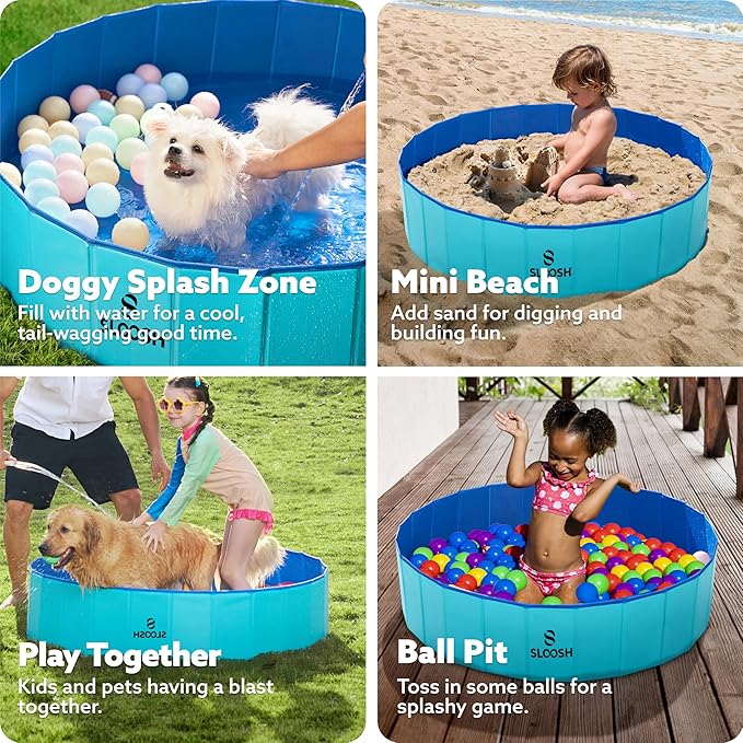 SLOOSH Foldable Dog Kiddie Pool - Portable Hard Plastic Doggie Swimming Pool, Anti-Slip Collapsible Pets Bath Tub Suitable for Kids Indoor Outdoor Backyard Use (Blue, 48" x 12")