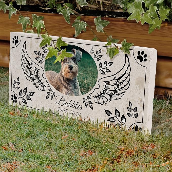 Personalized Pet Memorial with Keepsake Photo on Limestone - Headstones, Garden Stones, and Grave Markers for Dogs - Dog Memorial Stone, Pet Memorial Gifts - 12”x 6”x1.25" D (A. Bubbles Design)