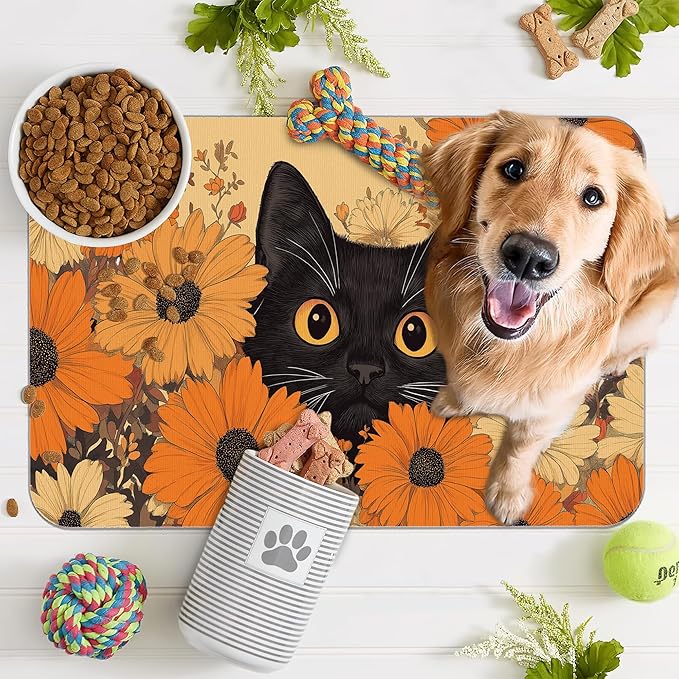 Black Cat Dog Food Mat for Floors,Fall Flower Daisy Absorbent Pet Food and Water Bowl Mats,Non-Slip Pet Feeding Mat,Pet Supplies 12" x 20"