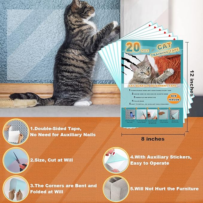20pack Cat Scratch Deterrent Tape, Cat Scratch Furniture Protector, Clear Double Sided Anti Scratching Sticky Tape Couch Protector for Cats Training Tape, Cat Repellent for Furniture