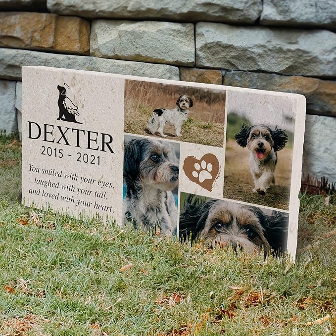 Personalized Pet Memorial with Keepsake Photo on Limestone - Headstones, Garden Stones, and Grave Markers for Dogs - Dog Memorial Stone, Pet Memorial Gifts - 12”x 6”x1.25" (A. Dexter Design)