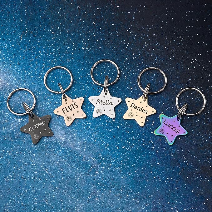 Anavia Small Size Dog Cat ID Tags, Small/XS Personalized Color Plated Stainless Steel Puppy Kitten Name Tags, Customized Engraved Nameplate Pet Collar Tag (Blue, Star)