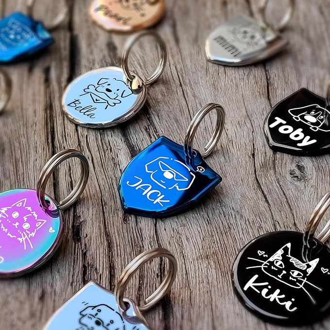 Cats Dogs Original Portrait Design for Cat Dog ID Tags – Stainless Steel Deep Engraving Customized Dog Collar Accessories (Round)