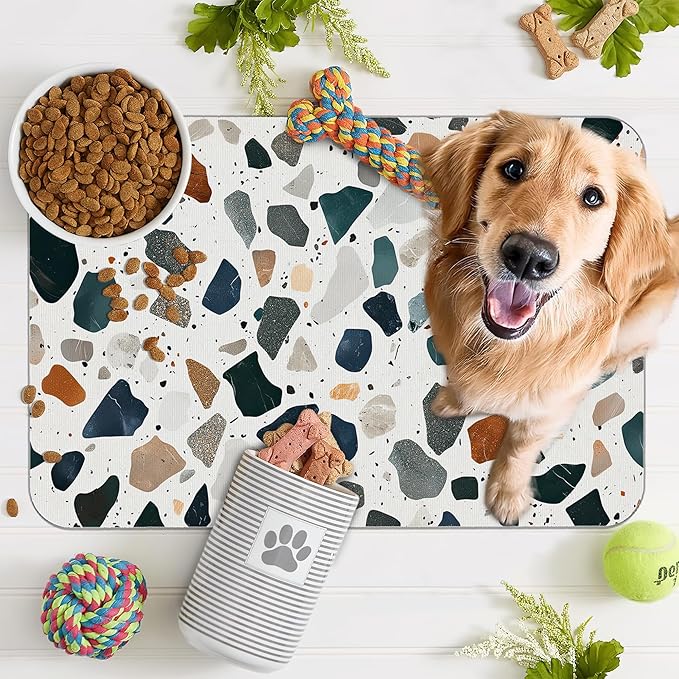 Terrazzo Stone Colorful Dog Cat Food Mat,Absorbent Pet Feeding Mat for Food and Water,Non-Slip Dog Bowl Mats Floor Protector 12"x20"