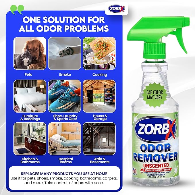 ZORBX Unscented Odor Eliminator for Strong Odor 16 oz - Pack of 2 - Used in Hospitals & Healthcare Facilities - Advanced Trusted Formula, Fast-Acting Odor Remover Spray for Dog, Cat, House & Carpet