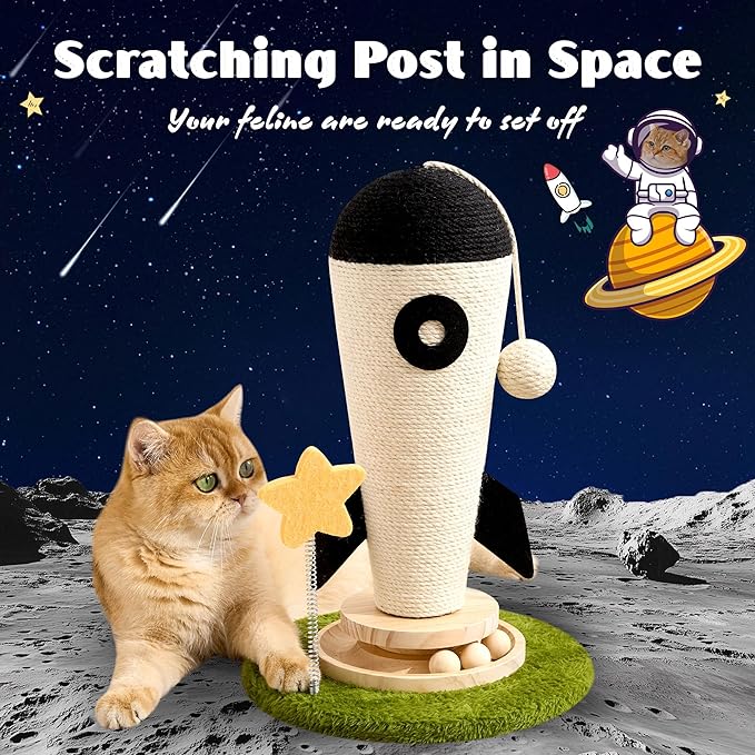 Cat Scratching Post, Rocket Cute Sisal Cat Scratcher with Durable Solid Wood Turntable Toy, Cat Scratch Post Red Cat Scratcher with Spinning Star Toy for Indoor Adult Cats