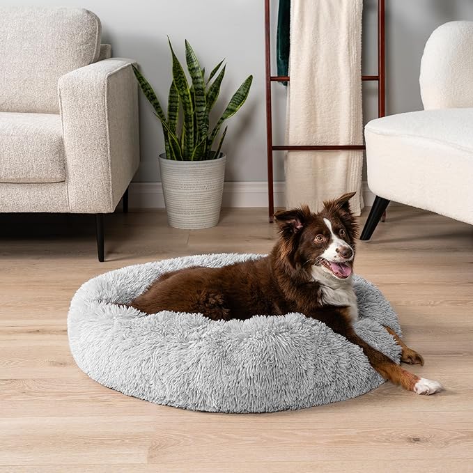 PetAmi Calming Dog Bed for Small & Medium Dogs and Cats, 30 Round Donut Dog Bed, Washable Fluffy Faux Fur Puppy & Cat Bed, Anti-Anxiety Plush Cuddler Pet Bed with Anti-Slip Bottom - Light Gray