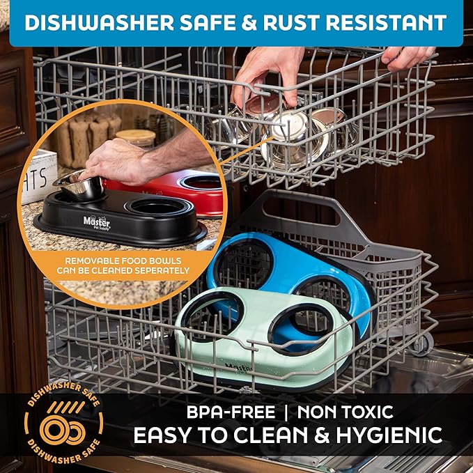 Master Pet Supply Double Dog Bowls Set with Elevated Base and 2 (8 oz) Stainless Steel Removable Dishes (Emerald Sea) – Double Cat Food Water Bowl, Dog Puppy Food Bowl Set, Rust Resistant