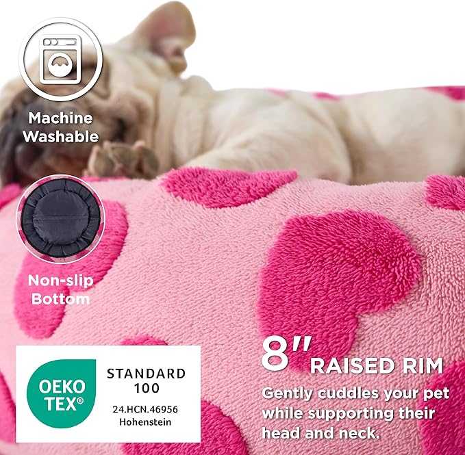 Lesure Donut Medium Dog Bed Calming - Round Cat Beds Indoor Valentine's Day Gift for Pets, Orthopedic Washable Cute Home Decor Beds with Jacquard Shaggy Plush & Anti Slip Bottom, 30 Inch, Lover Hearts