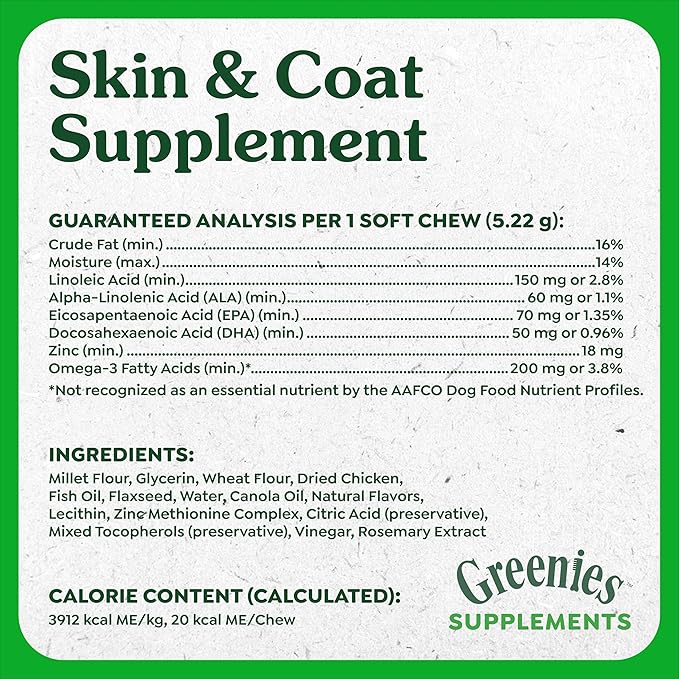 Greenies Supplements Dog Skin and Coat Supplements with Omega 3 Fatty Acids & Fish Oil for Dogs, Chicken Flavor, 14.7 oz, 80 Count (Pack of 2)