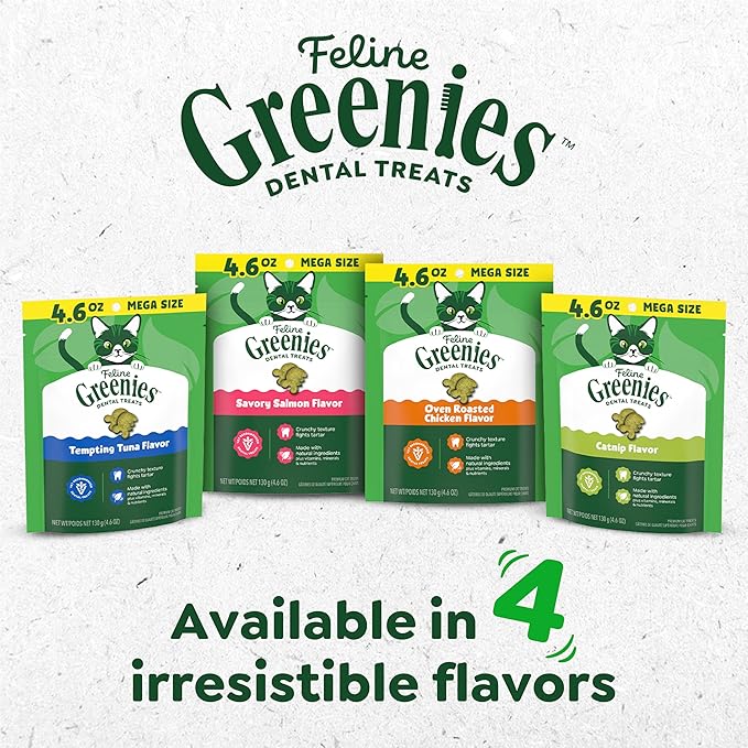 Greenies Cat Treats, Feline Veterinarian-Recommended Adult Natural Dental Cat Treats, Savory Salmon Flavor, 9.75 oz. Tub