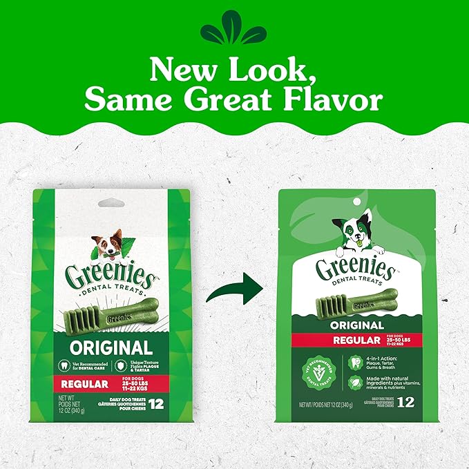 Greenies Veterinarian-Recommended Adult Natural Dental Dog Treats Regular Size, Dog Dental Chews, Original Flavor, 12 oz. Pack, 12 Count
