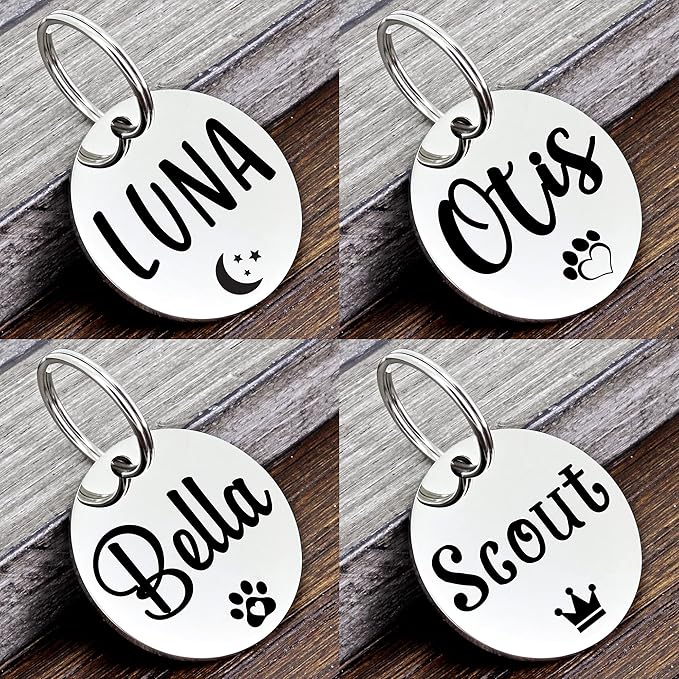 Ultra Joys Personalized Dog Tags for Pets - Durable Stainless Steel Customizable Dog Cat ID Tags - Dog Tags for Safety Optional Engraved on Both Sides -Round Shape Dog Tag Small Size, Silver