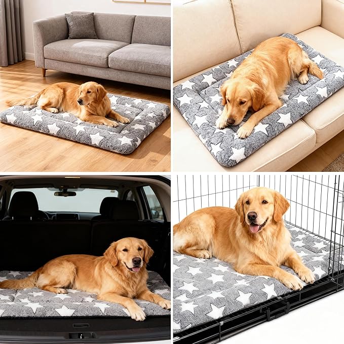Dog Bed Mat, Reversible Crate Pad & Durable Dog Bed - Machine Washable Kennel Mat with Ultra Soft for Large Dogs (Cool/Warm), 35" x 23", Grey&Star