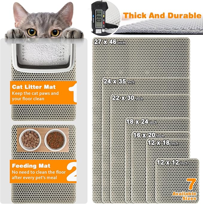 Waterproof Cat Litter Mat, Double Layer EVA, Odor-Free Large Grid, Urine Proof, Easy Cleanup (Khaki, 24 x 35)