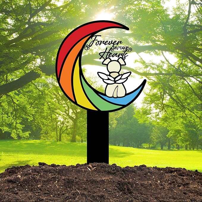 Rainbow Bridge Memorial Grave Marker – 12in Angel Pet Grave Tribute, Weatherproof Loss Gift with Colorful Moon Design, Garden Decoration for Rainbow Bridge Dog Lovers