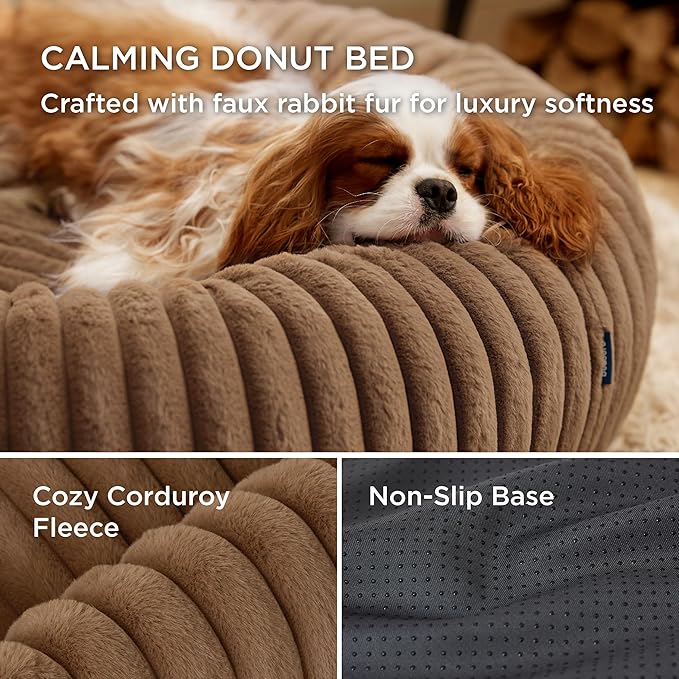 Bedsure ComfyFleece Donut Medium Dog Bed - Washable Faux Fur with Corduroy Fleece & Anti Slip Bottom, Round Pet Bed with Removable Cover, Camel Brown, 30x30x8 inches
