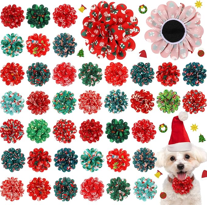 50 Pcs Christmas Dog Collar Flowers Bulk Santa Dog Bow Tie Flower Grooming Charms Accessories for Cat Pets Collar Attachment Embellishment Xmas Party Costume