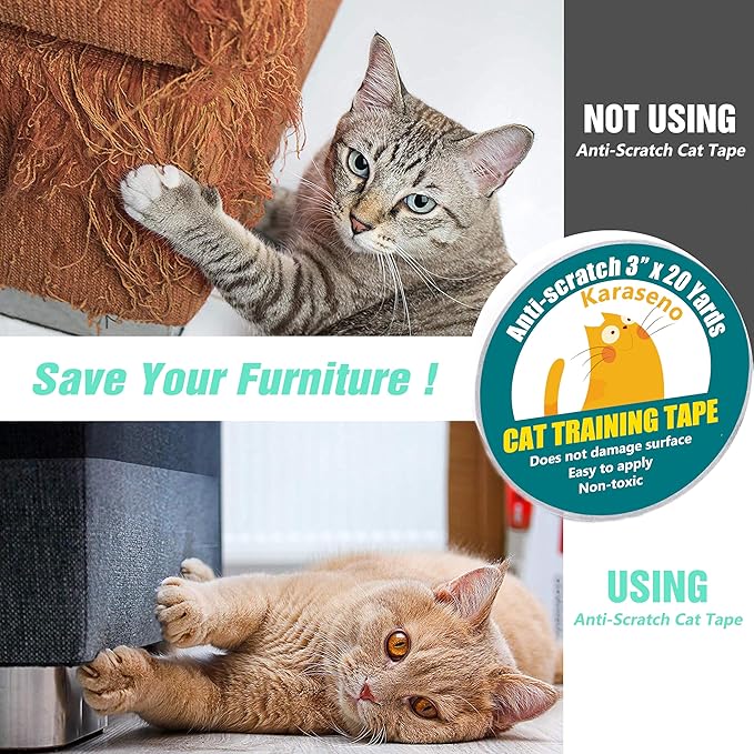 Karaseno Anti Cat Scratch Tape: 3 inches x 20 Yards Cat Training Tape, 100% Transparent Clear Double Sided Deterrent Tape Furniture Protector