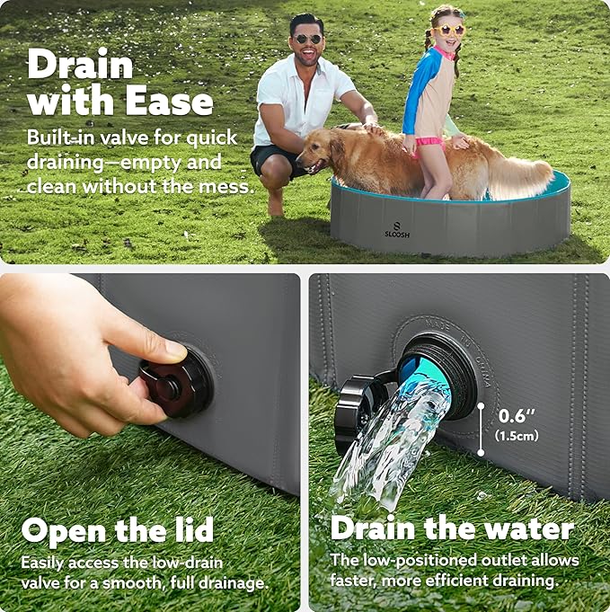 SLOOSH Foldable Dog Kiddie Pool - Portable Hard Plastic Doggie Swimming Pool, Anti-Slip Collapsible Pets Bath Tub Suitable for Kids Indoor Outdoor Backyard Use (Grey, 48" x 12")