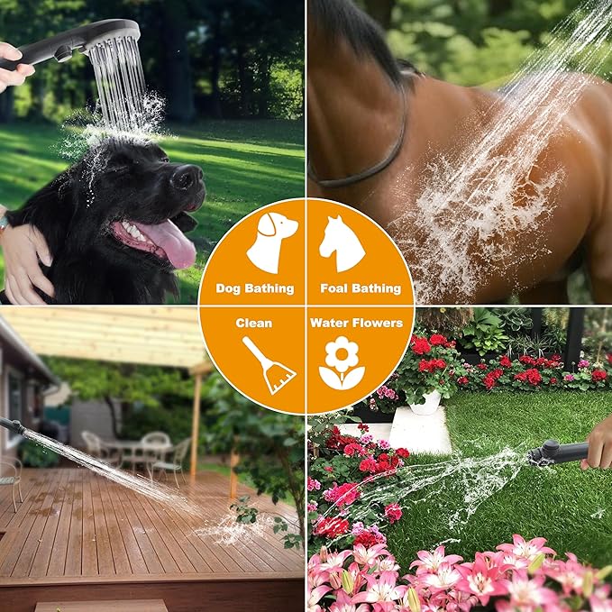 YOO.MEE Pets Bathing Shower, Dog Washing and Cleaning Out-Door, w/Rubber Grooming Teeth for Massaging and Grooming, w/Pause Button, Fitting on 3/4'' Garden Faucets