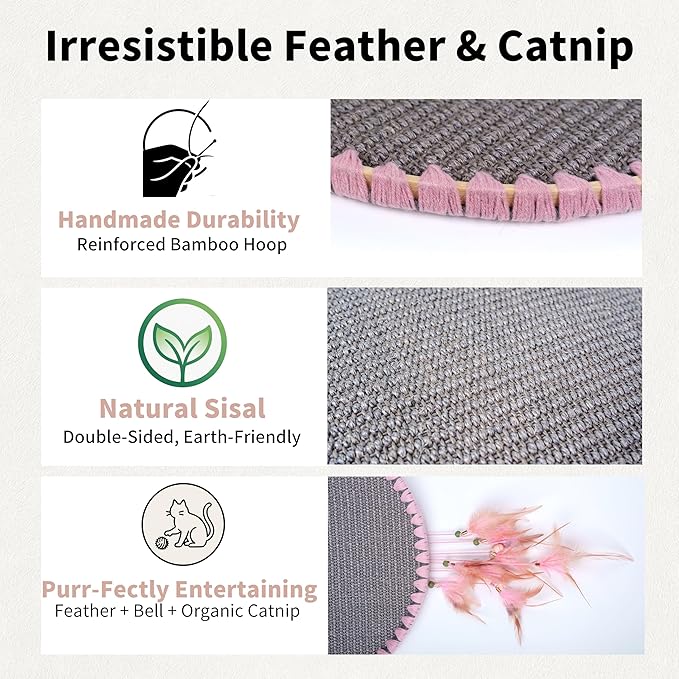 Cat Scratcher Mat for Indoor Cats Modern Carpets Nature Sisal Feather Tassel Round Horizontal Floor Wall Mounted Cat Scratching Pads Furniture Protector for Wall Couch Sofas