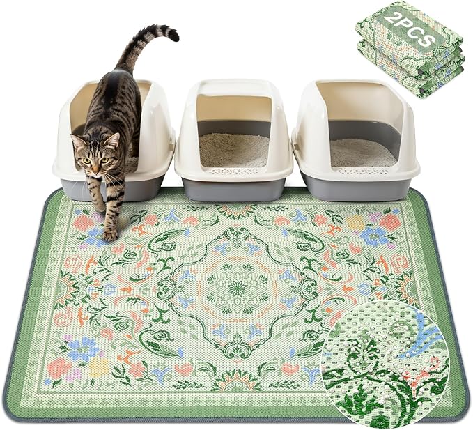 Unicorn Catcher 40X30in 2packCat Litter Mat Machine Washable Soft 3D Air Mesh Litter Box Rug Non-Slip Backing Quick Dry Scatter Control for Paws,Bean Green