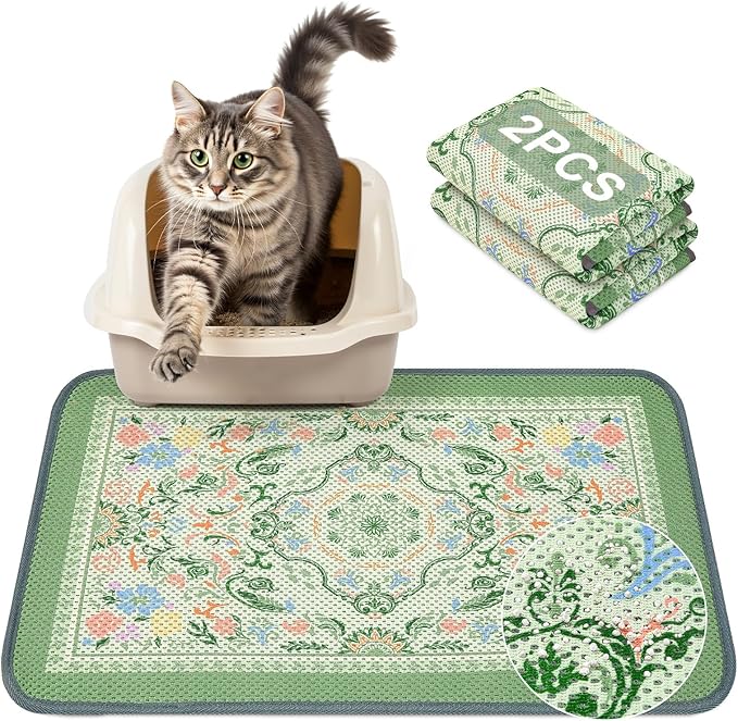 Unicorn Catcher 24X15in 2packCat Litter Mat Machine Washable Soft 3D Air Mesh Litter Box Rug Non-Slip Backing Quick Dry Scatter Control for Paws,Bean Green
