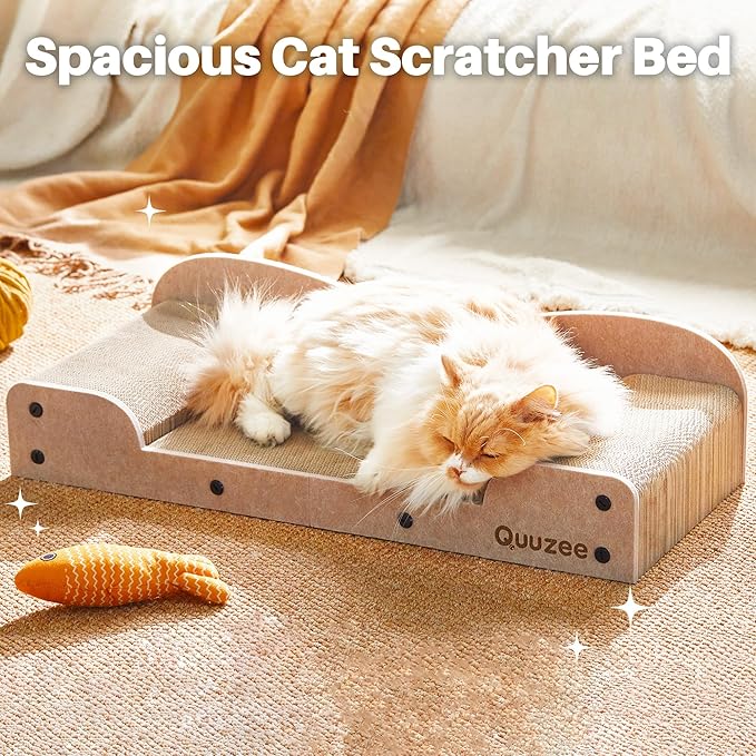 26-Inch Large Cat Scratcher Lounger Bed, Durable Cat Scratching Pad, Cat Scratch Board for Indoor Cats, Corrugated Cardboard Cat Scratcher Bed to Lounge and Scratch, Furniture Protector, Beige