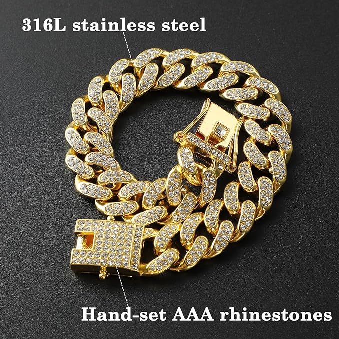 Amabro Cat Chain Collar, Diamond Cuban Link Kitten Walking Collar with Secure Buckle 12mm Wide Pet Rhinestones Necklace Metal Chain Jewelry Accessories for Cats Dogs Kittens Puppies 8inch(Gold)