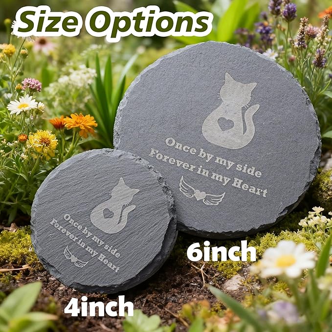 Round Cat Memorial Stone 4 Inch – “Once by My Side, Forever in My Heart” Engraved Grave Marker, Cat Loss Sympathy Gift, Outdoor Garden Pet Memorial Plaque, Indoor Memorial Decor